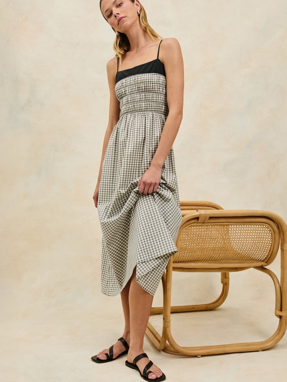 Rails Black Smocked Gingham Midi Dress